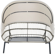 Canapé de jardin avec structure métallique, tressage gris et toit solaire rétractable crème.