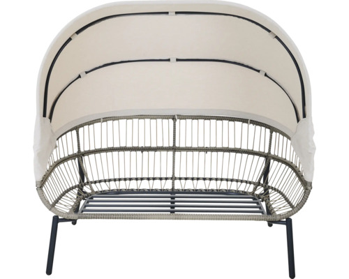 Canapé de jardin avec structure métallique, tressage gris et toit solaire rétractable crème.