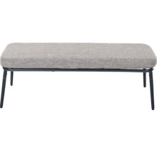 Banc rembourré avec revêtement en tissu gris et cadre en métal foncé.