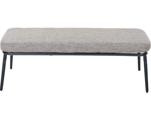 Banc rembourré avec revêtement en tissu gris et cadre en métal foncé.