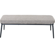 Banc rembourré avec revêtement en tissu gris et structure en métal noir.