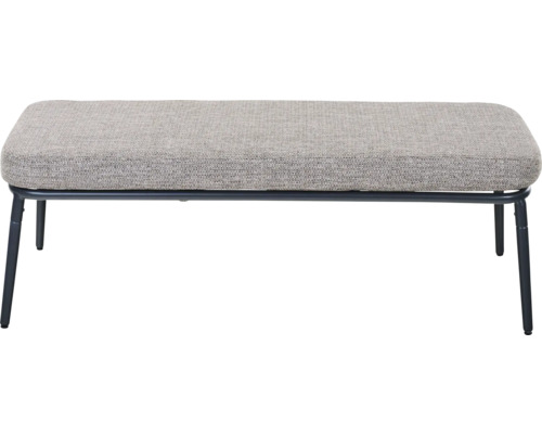 Banc rembourré avec revêtement en tissu gris et structure en métal noir.