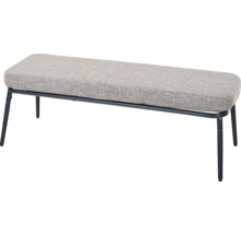 Banc rembourré avec revêtement en tissu gris et structure en métal noir.