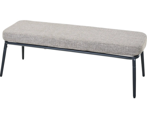 Banc rembourré avec revêtement en tissu gris et structure en métal noir.