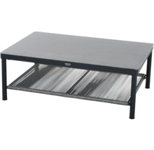 Table basse de jardin Siena Garden avec structure en métal, plateau en verre et étagère en corde tressée.