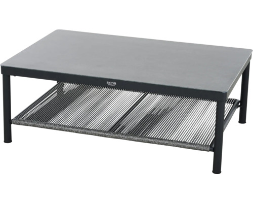 Table basse de jardin Siena Garden avec structure en métal, plateau en verre et étagère en corde tressée.