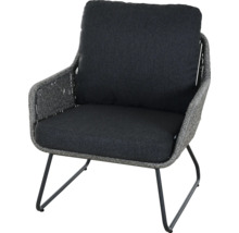 Fauteuil de jardin lounge avec tressage en corde gris, coussins anthracite et piètement luge en métal noir.