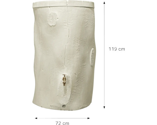 Récupérateur d'eau aspect tronc de bouleau avec robinet, hauteur cent dix-neuf centimètres, largeur soixante-douze centimètres.