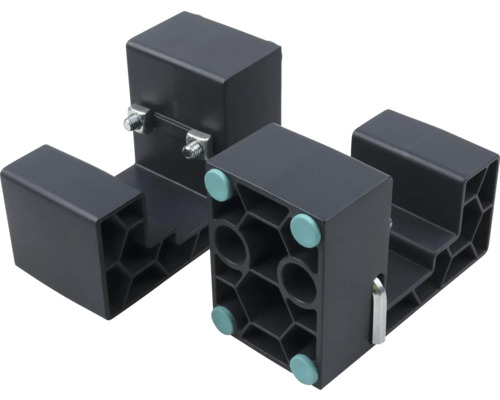 Zwei schwarze Kunststoff-Abstandshalter mit Wabenstruktur, Metallbolzen und Gleitern.