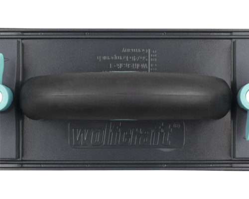 Cale à poncer Wolfcraft avec poignée et dispositif de serrage latéral pour papier de verre. Logo Wolfcraft.