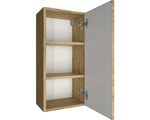 Hängeschrank mit zwei Einlegeböden, Eiche-Dekor, weiße Rückwand, geöffnete Tür.
