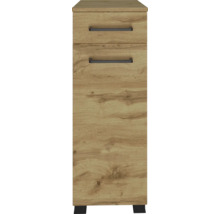 Schmaler Schrank in Eichenoptik mit einer Schublade, einer Tür und schwarzen Griffen.
