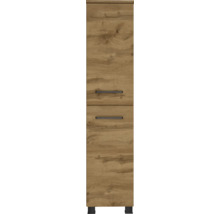 Hochschrank für das Badezimmer in Eichenoptik mit zwei schwarzen Griffen und schwarzen Füßen.