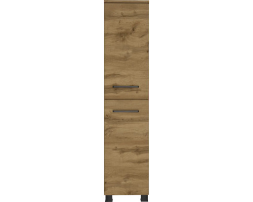 Hochschrank für das Badezimmer in Eichenoptik mit zwei schwarzen Griffen und schwarzen Füßen.