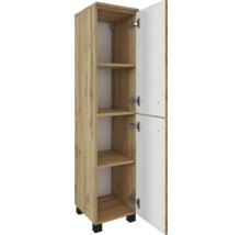 Hochschrank in Eichenoptik mit zwei geöffneten weißen Türen, drei Einlegeböden und schwarzen Füßen.