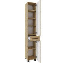 Armoire de cuisine haute en aspect chêne avec portes ouvertes, un tiroir ouvert et several étagères.