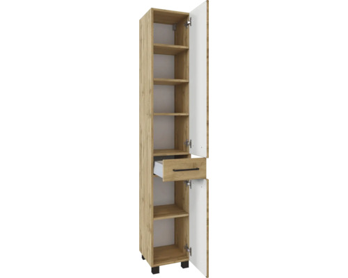 Armoire de cuisine haute en aspect chêne avec portes ouvertes, un tiroir ouvert et several étagères.