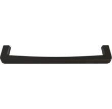Poignée de meuble noire en métal au design moderne et angulaire.