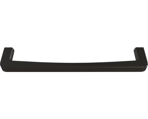 Poignée de meuble noire en métal au design moderne et angulaire.
