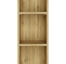 Holzregal mit drei Fächern in Eichenoptik mit sichtbarer Holzmaserung.