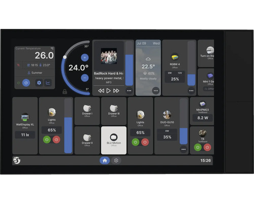 Système de contrôle Smart Home avec affichage de la température, lecteur de musique et commande d'éclairage