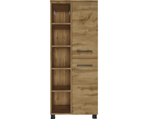 Schrank in Holzoptik mit fünf offenen Regalfächern und zwei Türen mit schwarzen Griffen.