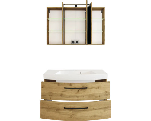 Badezimmermöbel Set bestehend aus einem Waschbeckenunterschrank in Eiche Optik mit zwei Schubladen, weißem Waschbecken und einem Spiegelschrank.