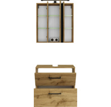 Badmöbel-Set bestehend aus einem Spiegelschrank mit Beleuchtung und einem Waschbeckenunterschrank in Eiche-Optik mit zwei Schubladen.
