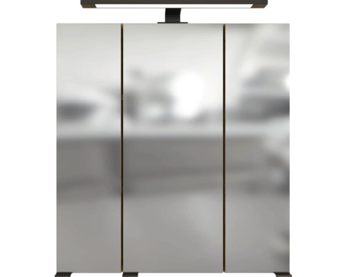 Dreitüriger Spiegelschrank für das Badezimmer mit einer LED Aufsatzleuchte.