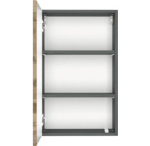 Offener Badezimmerschrank mit drei Fächern und zwei Einlegeböden, Korpus in Anthrazit.