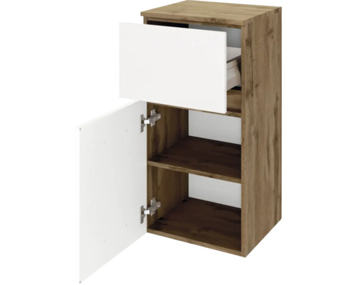 Badezimmerschrank in Holzoptik mit weißer Front, einer geöffneten Schublade und einer geöffneten Tür mit Innenböden.