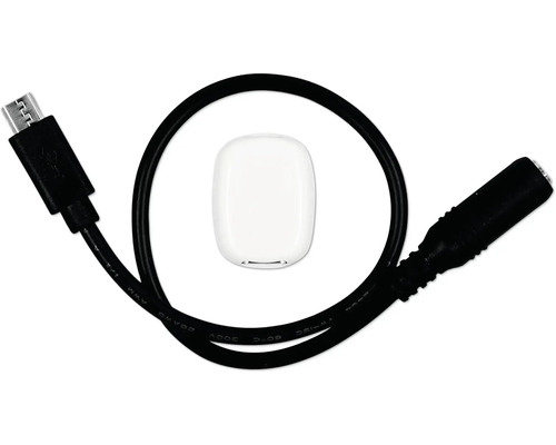 Schwarzes USB-Adapterkabel mit Micro-USB-Anschluss und einer weißen ovalen Steuereinheit.