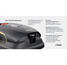 Detailansicht eines Stiga Mähroboters mit Kamera und Aluminiumgehäuse
