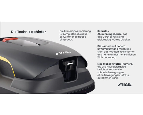 Detailansicht eines Stiga Mähroboters mit Kamera und Aluminiumgehäuse