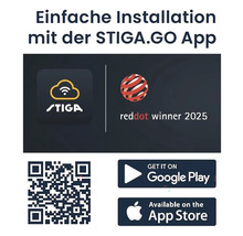 Einfache Installation mit der STIGA.GO App, STIGA Logo, Red Dot Gewinner 2025 Siegel, Google Play Store Button, App Store Button und QR-Code