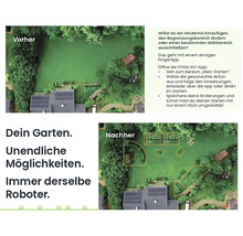Vue avant-après d'un jardin avec différentes zones de tonte personnalisées via une application pour définir les zones de tonte.