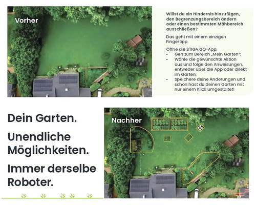 Vue avant-après d'un jardin avec différentes zones de tonte personnalisées via une application pour définir les zones de tonte.