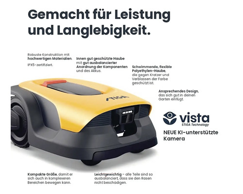 Tondeuse robot jaune et noire avec certification IPX5 et logo Vista STIGA Technology