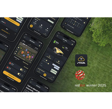 Plusieurs smartphones présentent l'application de commande d'un robot de tonte, avec le logo Stiga et le label Red Dot Winner 2025.