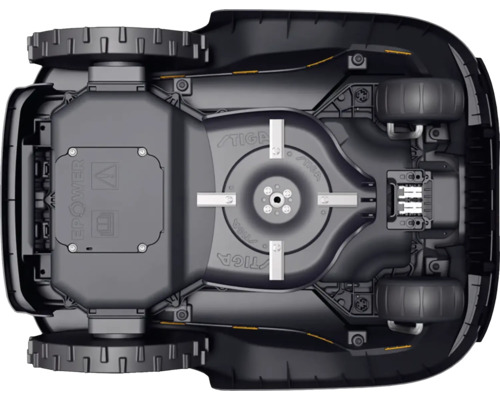Unterseite eines Stiga Mähroboters mit Rädern und Schneidwerkzeugen