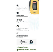 Informationen zum Stiga Mähroboter: einfache Installation, präziser Schnitt, KI-gestützte Kamera, 10 Jahre mobile Daten inklusive und starke Datensicherheit