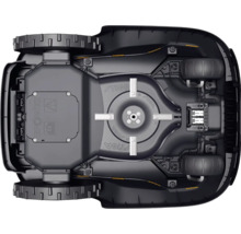 Unterseite eines Rasenmähroboters mit Messer und Rädern