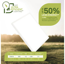 Lampe Briloner indiquant une consommation d'énergie réduite jusqu'à 50 % et tableau de données techniques