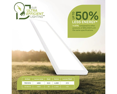 Briloner Lampe mit dem Hinweis auf ultraeffiziente Beleuchtung und bis zu 50 Prozent weniger Energieverbrauch.