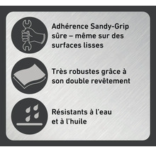 Symboles pour une adhérence Sandy-Grip sûre, même sur des surfaces lisses, une grande robustesse grâce à un double revêtement, une résistance à l'eau et à l'huile