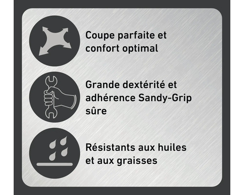 Coupe parfaite et confort optimal symbole, Grande dextérité et adhérence Sandy-Grip sûre symbole, Résistance aux huiles et aux graisses symbole
