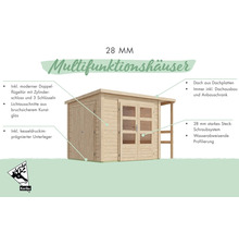 Maison multifonctionnelle avec double porte, serrure à cylindre, découpes lumineuses et plaques de toit