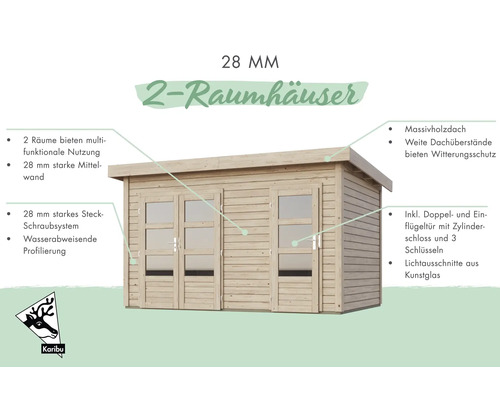 Gartenhaus mit zwei Räumen, 28 Millimeter Wandstärke und Massivholzdach