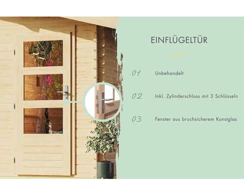 Einflügeltür aus unbehandeltem Holz mit drei Fenstern aus bruchsicherem Kunstglas und Zylinderschloss mit drei Schlüsseln.