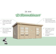 28 Millimeter Gartenhaus mit zwei Räumen, Massivholzdach, Doppeltür, Einflügeltür und Zylinderschloss